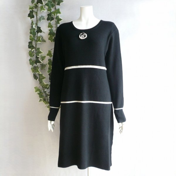 画像6: 新品 9901 ML ウール混 ニット ワンピース 黒系 秋 冬 レディース パール調ブローチモチーフ 横ライン チュニック 50代 60代 70代