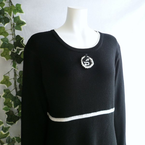 画像5: 新品 9901 ML ウール混 ニット ワンピース 黒系 秋 冬 レディース パール調ブローチモチーフ 横ライン チュニック 50代 60代 70代