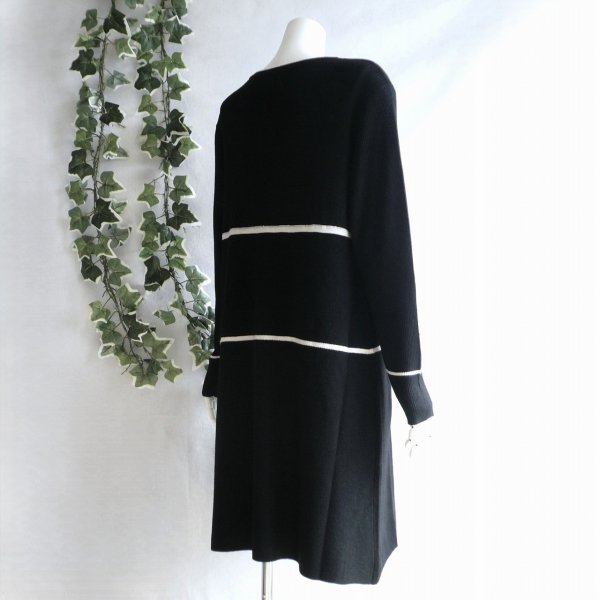 画像9: 新品 9901 ML ウール混 ニット ワンピース 黒系 秋 冬 レディース パール調ブローチモチーフ 横ライン チュニック 50代 60代 70代