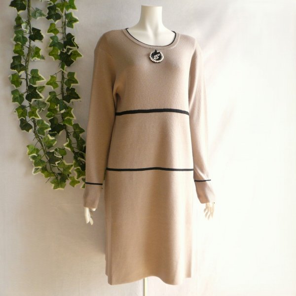 画像6: 新品 9902 ML ウール混 ニット ワンピース モカベージュ系 秋 冬 レディース パール調ブローチモチーフ 横ラインチュニック 50代 60代 70代