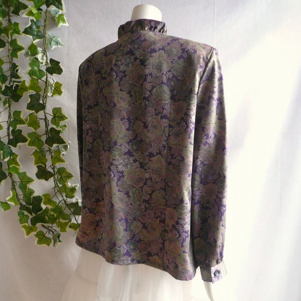 画像6: 新品 9911 M 二重フリル襟 京都染 日本素材 ブラウス ジャケット 紫系玉虫色 レディース 和風 花柄 中国縫製 高級感 上質 50代 60代 70代