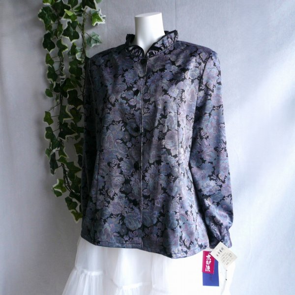 画像2: 新品 9912 M 二重フリル襟 京都染 日本素材 ブラウス ジャケット 黒系玉虫色 レディース 和風 花柄 中国縫製 高級感 上質 50代 60代 70代