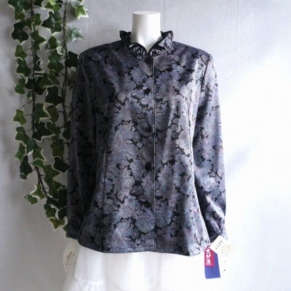 画像10: 新品 9916 L 二重フリル襟 京都染 日本素材 ブラウス ジャケット 黒系玉虫色 レディース 和風 花柄 中国縫製 高級感 上質 50代 60代 70代