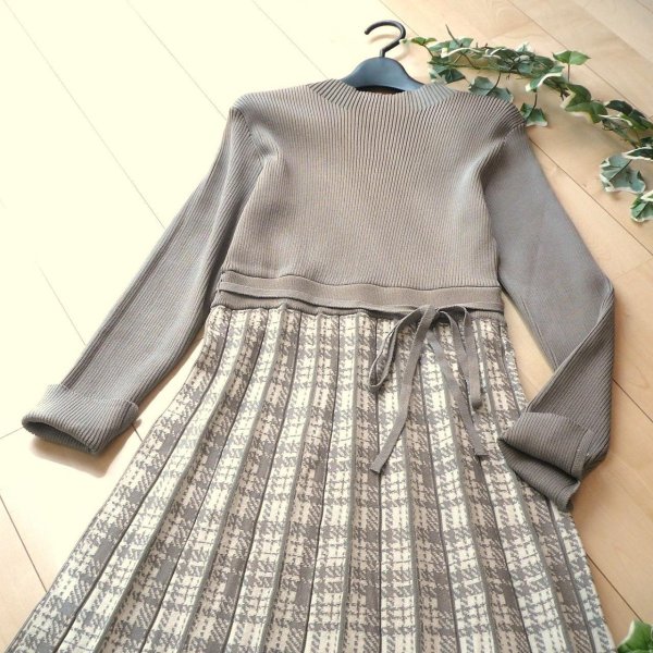 画像3: 新品 9929 M プリーツ織 切替 ニット ワンピース グレー系 レディース リブ編み チェック模様 リボン 上品 50代 60代 70代
