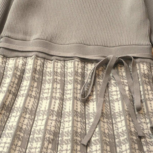 画像4: 新品 9929 M プリーツ織 切替 ニット ワンピース グレー系 レディース リブ編み チェック模様 リボン 上品 50代 60代 70代