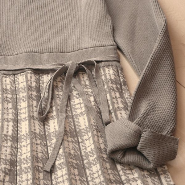 画像6: 新品 9929 M プリーツ織 切替 ニット ワンピース グレー系 レディース リブ編み チェック模様 リボン 上品 50代 60代 70代
