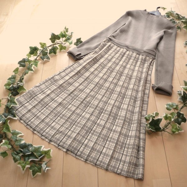 画像7: 新品 9929 M プリーツ織 切替 ニット ワンピース グレー系 レディース リブ編み チェック模様 リボン 上品 50代 60代 70代
