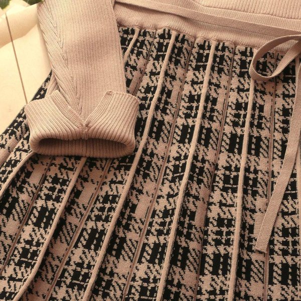 画像6: 新品 9930 L プリーツ織 切替 ニット ワンピース モカベージュ系 レディース リブ編み チェック模様 リボン 上品 50代 60代 70代