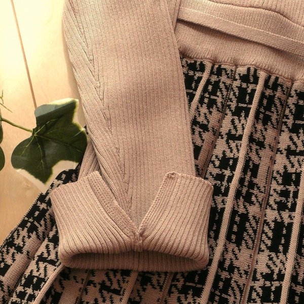 画像5: 新品 9930 L プリーツ織 切替 ニット ワンピース モカベージュ系 レディース リブ編み チェック模様 リボン 上品 50代 60代 70代