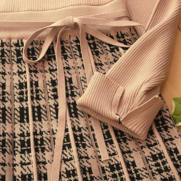 画像4: 新品 9930 L プリーツ織 切替 ニット ワンピース モカベージュ系 レディース リブ編み チェック模様 リボン 上品 50代 60代 70代