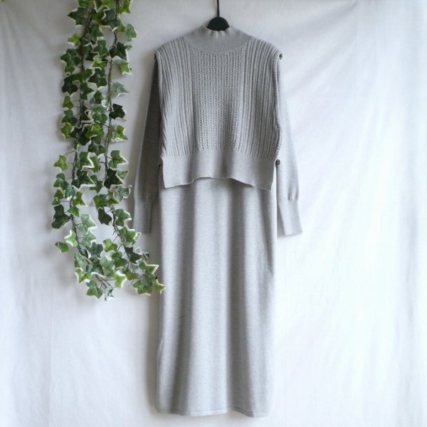 画像5: 新品 9947 ML ニット セットアップ グレー 秋 冬 レディース ケーブル編みハイネックニットベスト ニットワンピース 50代 60代 70代