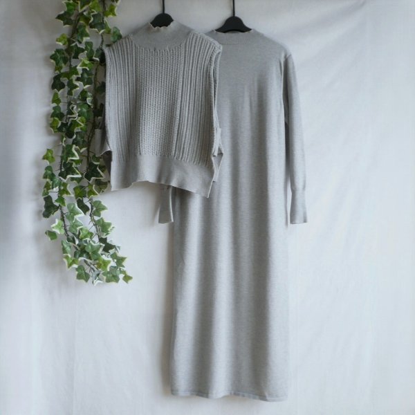 画像2: 新品 9947 ML ニット セットアップ グレー 秋 冬 レディース ケーブル編みハイネックニットベスト ニットワンピース 50代 60代 70代