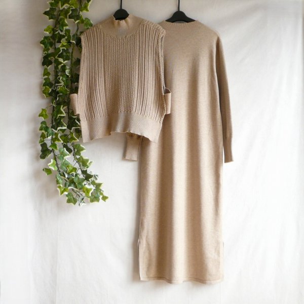 画像2: 新品 9948 ML ニット セットアップ ベージュ 秋 冬 レディース ケーブル編みハイネックニットベスト ニットワンピース