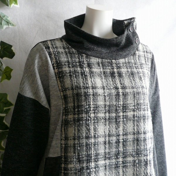 画像6: 新品 9951 ML 上質ツイード切替 ワンピース 黒系 ドロップショルダー ハイネック 飾りボタン 大人 上品 クラシカル 50代 60代 70代