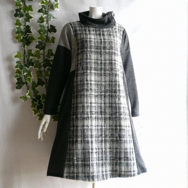 画像3: 新品 9951 ML 上質ツイード切替 ワンピース 黒系 ドロップショルダー ハイネック 飾りボタン 大人 上品 クラシカル 50代 60代 70代