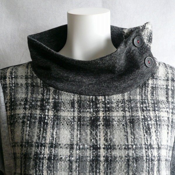 画像4: 新品 9951 ML 上質ツイード切替 ワンピース 黒系 ドロップショルダー ハイネック 飾りボタン 大人 上品 クラシカル 50代 60代 70代