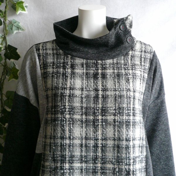 画像5: 新品 9951 ML 上質ツイード切替 ワンピース 黒系 ドロップショルダー ハイネック 飾りボタン 大人 上品 クラシカル 50代 60代 70代