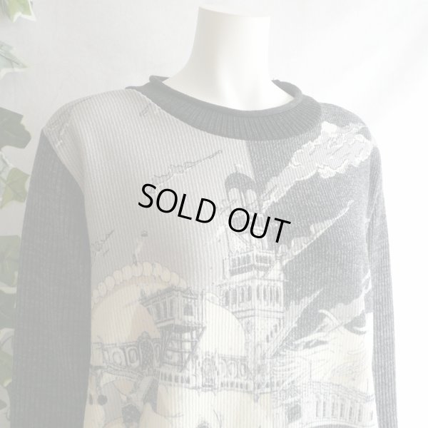 画像2: 新品 9952 ML ヨーロッパ絵画風絵柄 ニット チュニック ワンピース 黒系 秋 冬 ロールネック レディース 異素材切替 50代 60代 70代