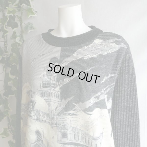 画像7: 新品 9952 ML ヨーロッパ絵画風絵柄 ニット チュニック ワンピース 黒系 秋 冬 ロールネック レディース 異素材切替 50代 60代 70代