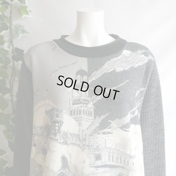 画像4: 新品 9952 ML ヨーロッパ絵画風絵柄 ニット チュニック ワンピース 黒系 秋 冬 ロールネック レディース 異素材切替 50代 60代 70代