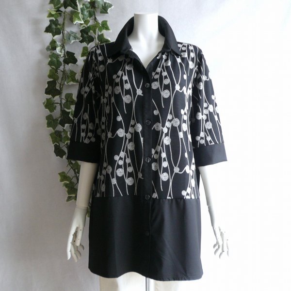 画像7: 新品 9958 LL 刺繍風 チュニック ブラウス 黒系 秋 レディース 配色切替 襟付き前開き ゆったりサイズ 上質 上品 50代 60代 70代