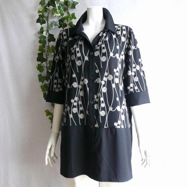 画像6: 新品 9958 LL 刺繍風 チュニック ブラウス 黒系 秋 レディース 配色切替 襟付き前開き ゆったりサイズ 上質 上品 50代 60代 70代