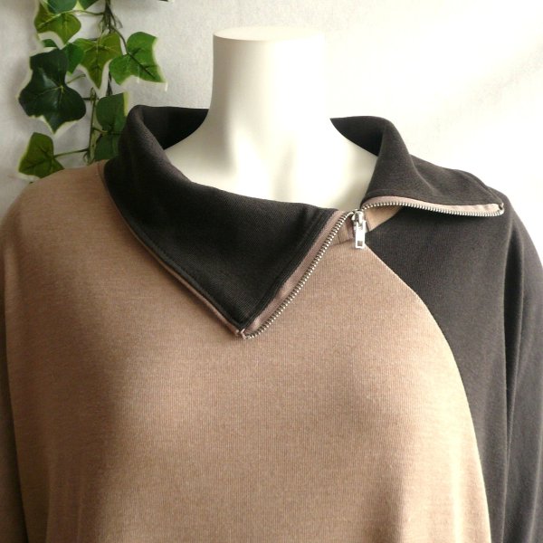 画像8: 新品 9962 ML ジップ襟 配色切替 チュニック ワンピース ブラウン系 春 秋 冬 レディース コクーン ゆったり 大人 上品 50代 60代 70代