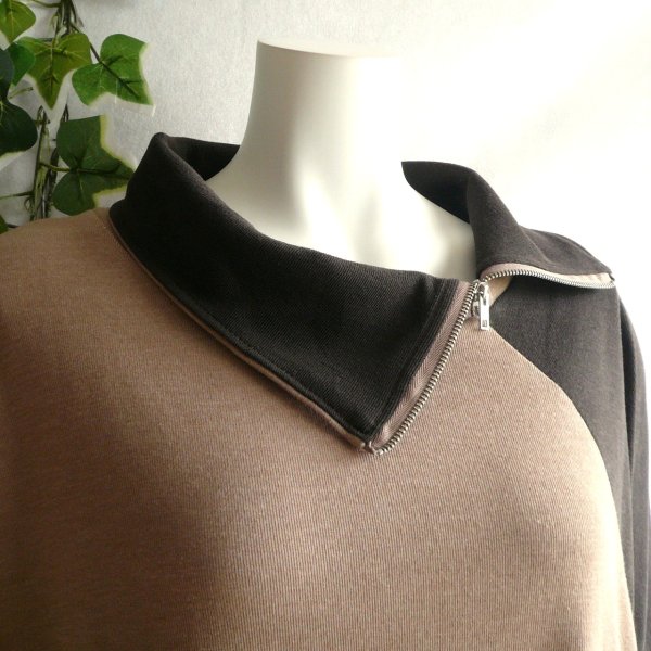 画像9: 新品 9962 ML ジップ襟 配色切替 チュニック ワンピース ブラウン系 春 秋 冬 レディース コクーン ゆったり 大人 上品 50代 60代 70代