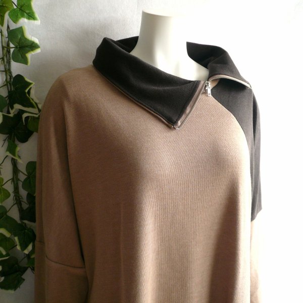 画像3: 新品 9962 ML ジップ襟 配色切替 チュニック ワンピース ブラウン系 春 秋 冬 レディース コクーン ゆったり 大人 上品 50代 60代 70代