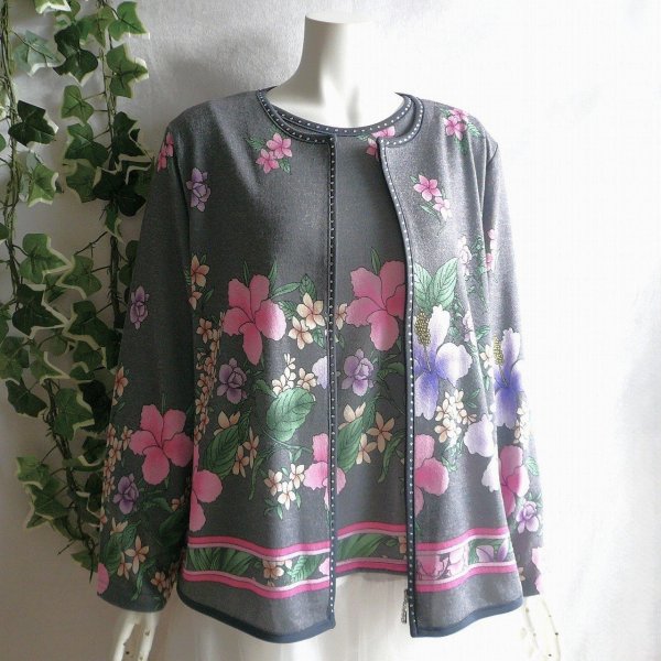 画像7: 新品 9966 LL 高級 ツインニット アンサンブル グレー系 秋冬 レディース 大きな花柄 カーディガン プルオーバー 上品 上質 50代 60代 70代