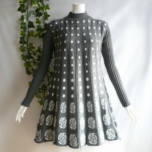 画像7: 新品 9978 ML プリーツ織 ニット チュニック ワンピース グレー 白 秋 冬 レディース ドット 薔薇柄 ハイネック リブ袖