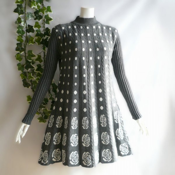 画像6: 新品 9978 ML プリーツ織 ニット チュニック ワンピース グレー 白 秋 冬 レディース ドット 薔薇柄 ハイネック リブ袖
