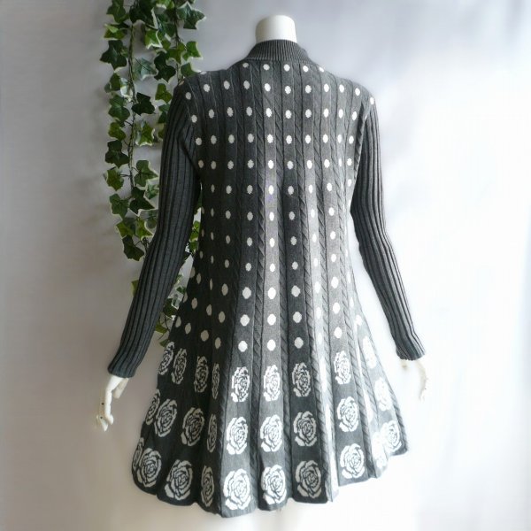 画像2: 新品 9978 ML プリーツ織 ニット チュニック ワンピース グレー 白 秋 冬 レディース ドット 薔薇柄 ハイネック リブ袖