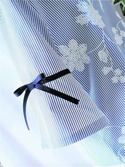 画像3: 【新品】3626【L】上質 花模様フロッキー シャツプルオーバー 紺×白 ストライプ柄 フレア袖