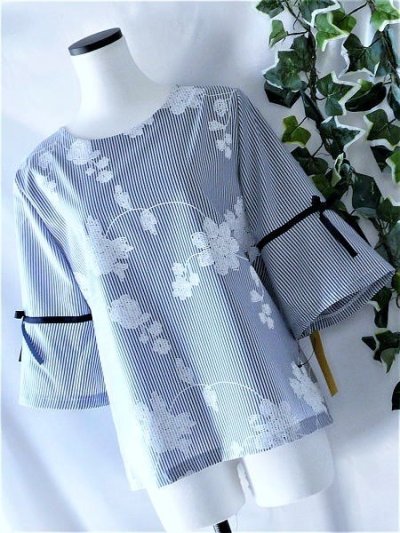画像2: 【新品】3626【L】上質 花模様フロッキー シャツプルオーバー 紺×白 ストライプ柄 フレア袖