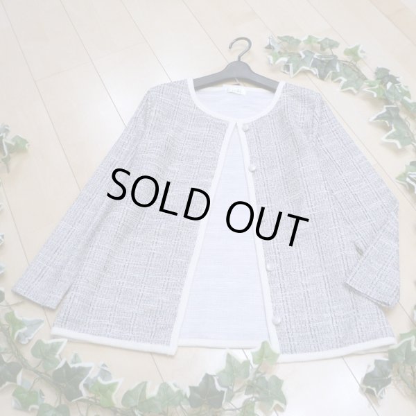 画像1: 新品 9483 ML 綿混 マルチツイード ジャケット 春 夏 秋 網目 パイピング レディース 白紫系 ノーカラー (1)