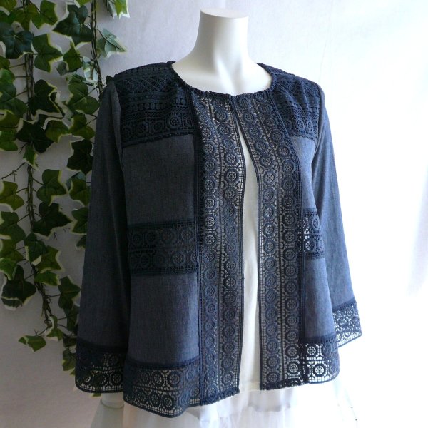 画像1: 新品 9514 L カットワーク 刺繍 綿麻混 シャツ ジャケット 春 夏 秋 紺ネイビー系 レディース リネン コットン レース 高級感 上質 上品 (1)
