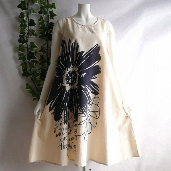 画像1: 新品 9533 ML 大きな花柄 英字 リネン風 綿100％ ワンピース 春 夏 生成り系 レディース インド製 ナチュラル コットン (1)