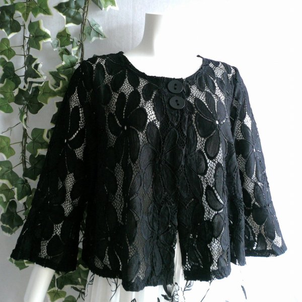 画像1: 新品 9596 ML カットワーク 刺繍 クロシェ レース フレア ジャケット 春 夏 黒 レディース ノーカラー 七分袖 カーディガン 上質 上品 (1)