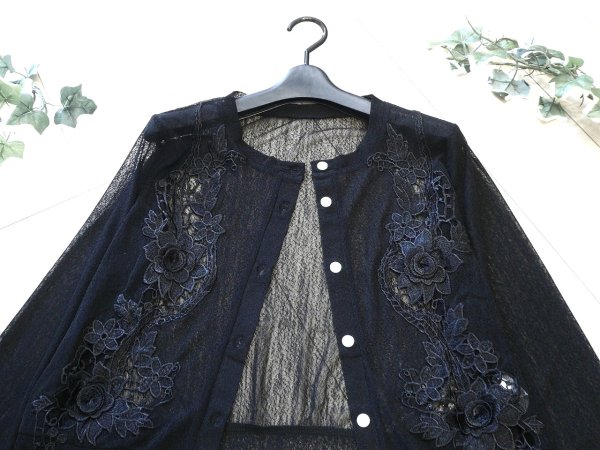 画像1: 新品 9700 ML クロシェ 立体 花刺繍 サマーニット カーディガン 黒 春 夏 秋 レディース 透け感 花モチーフ 上質 上品 (1)