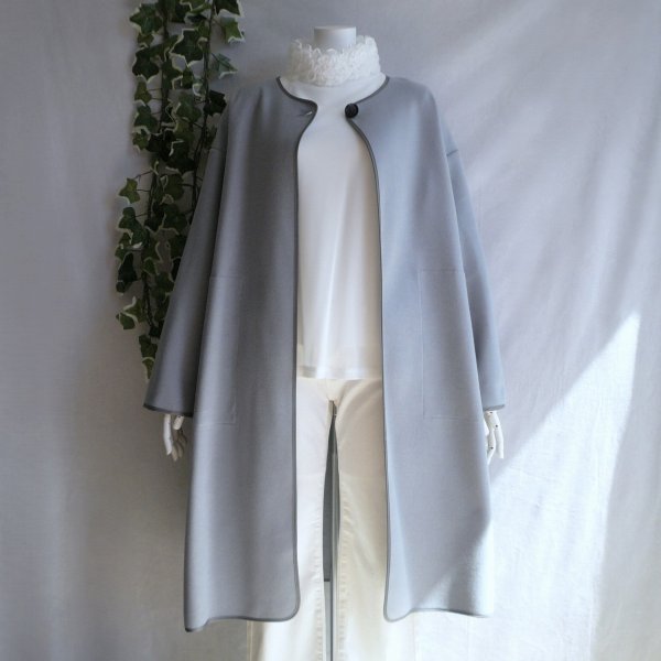 画像1: 新品 9927 L パイピング ウール調 ロング コート くすみブルーグレー 秋 冬 レディース 長袖 ノーカラー 上質 上品 50代 60代70代 (1)