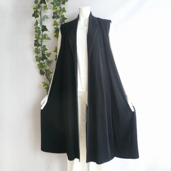 画像5: 新品 9896 L アンサンブル風 プリーツ ロング ジレ 黒 春 夏 秋 冬 レディース テーラード 羽織り 高級 上質 上品 50代 60代 70代 (5)