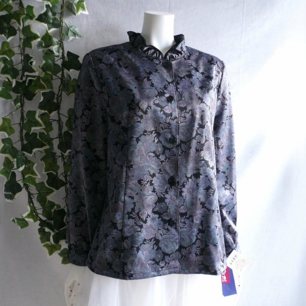 画像9: 新品 9912 M 二重フリル襟 京都染 日本素材 ブラウス ジャケット 黒系玉虫色 レディース 和風 花柄 中国縫製 高級感 上質 50代 60代 70代 (9)