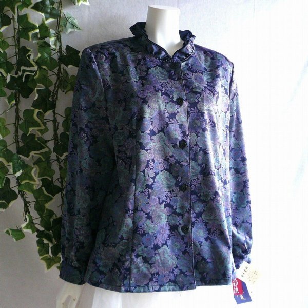 画像10: 新品 9914 L 二重フリル襟 京都染 日本素材 ブラウス ジャケット 紺系玉虫色 レディース 和風 花柄 中国縫製 高級感 上質 50代 60代 70代 (10)