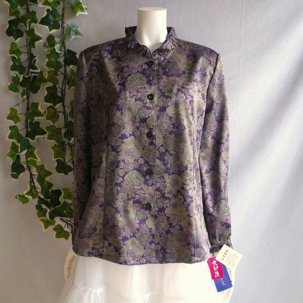 画像3: 新品 9915 L 二重フリル襟 京都染 日本素材 ブラウス ジャケット 紫系玉虫色 レディース 和風 花柄 中国縫製 高級感 上質 50代 60代 70代 (3)