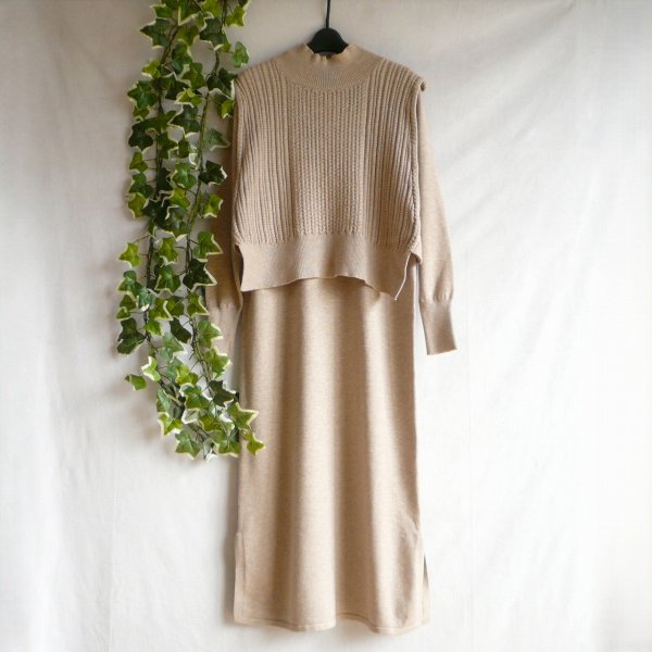 画像6: 新品 9948 ML ニット セットアップ ベージュ 秋 冬 レディース ケーブル編みハイネックニットベスト ニットワンピース (6)