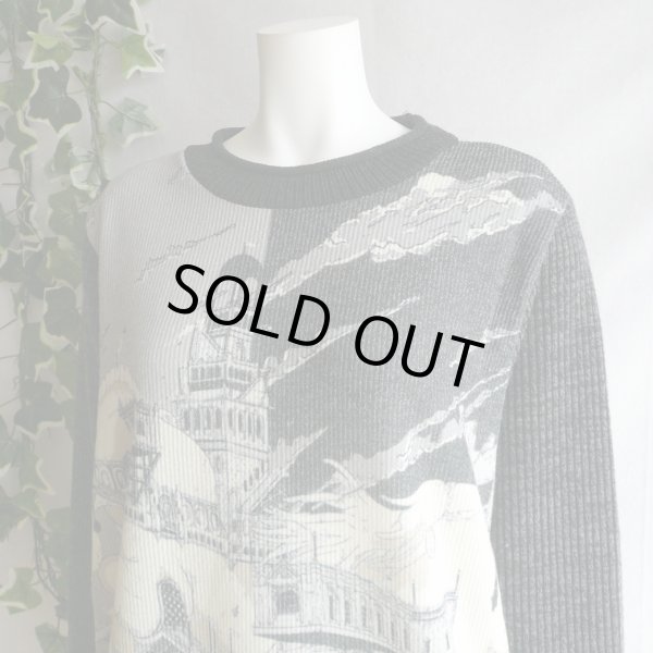 画像7: 新品 9952 ML ヨーロッパ絵画風絵柄 ニット チュニック ワンピース 黒系 秋 冬 ロールネック レディース 異素材切替 50代 60代 70代 (7)