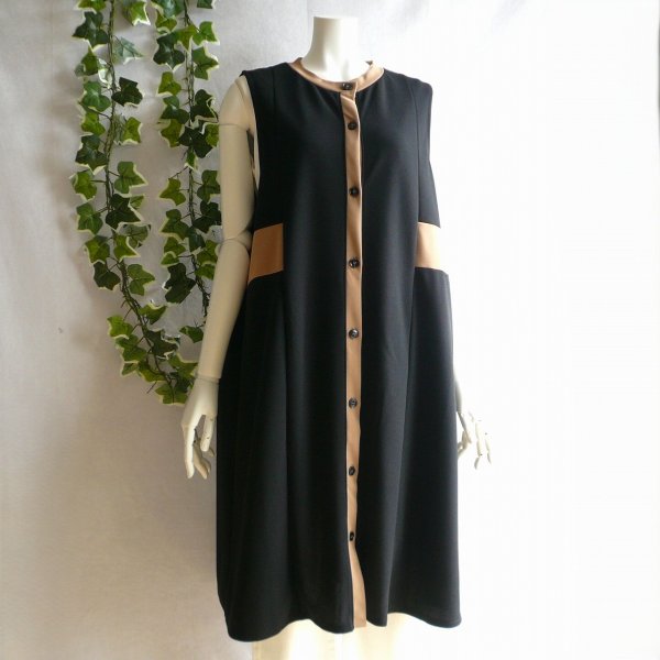 画像7: 新品 9963 ML 高級 バイカラー ワンピース 黒系 秋 レディース 配色切替 ノースリーブ モード ロング ジレ 大人 上質 (7)