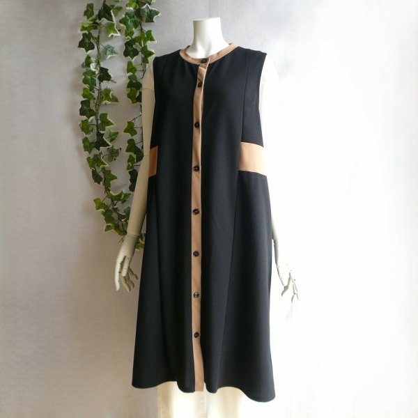 画像6: 新品 9963 ML 高級 バイカラー ワンピース 黒系 秋 レディース 配色切替 ノースリーブ モード ロング ジレ 大人 上質 (6)